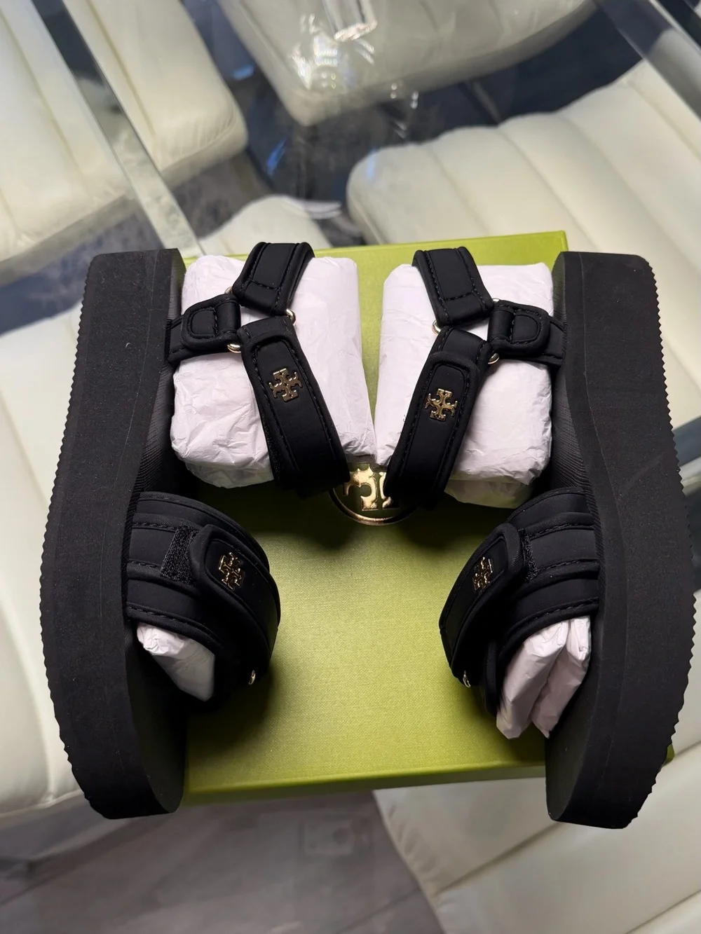 Tory Burch Black Platform Sandals with Gold Logo